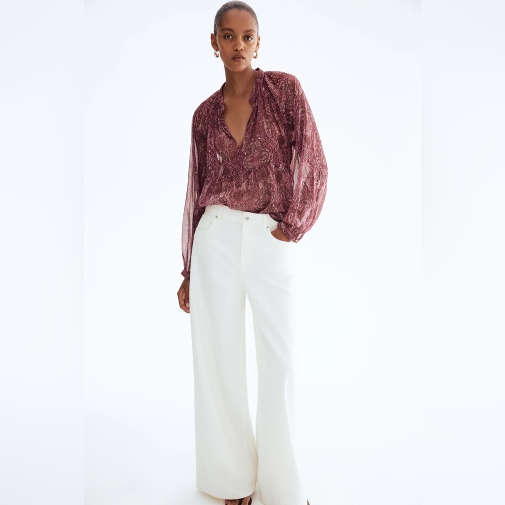 H&M Patterned Chiffon Blouse Dark Pink Paisley Pattern Flowy Bohemian Small